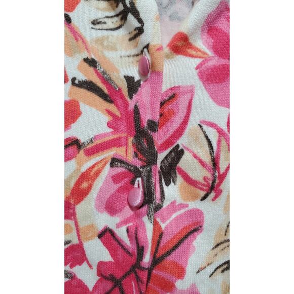 Sigrid Olsen Women's Sweater M Floral Pink White Satin Buttons Front and Cuff - Picture 4 of 9
